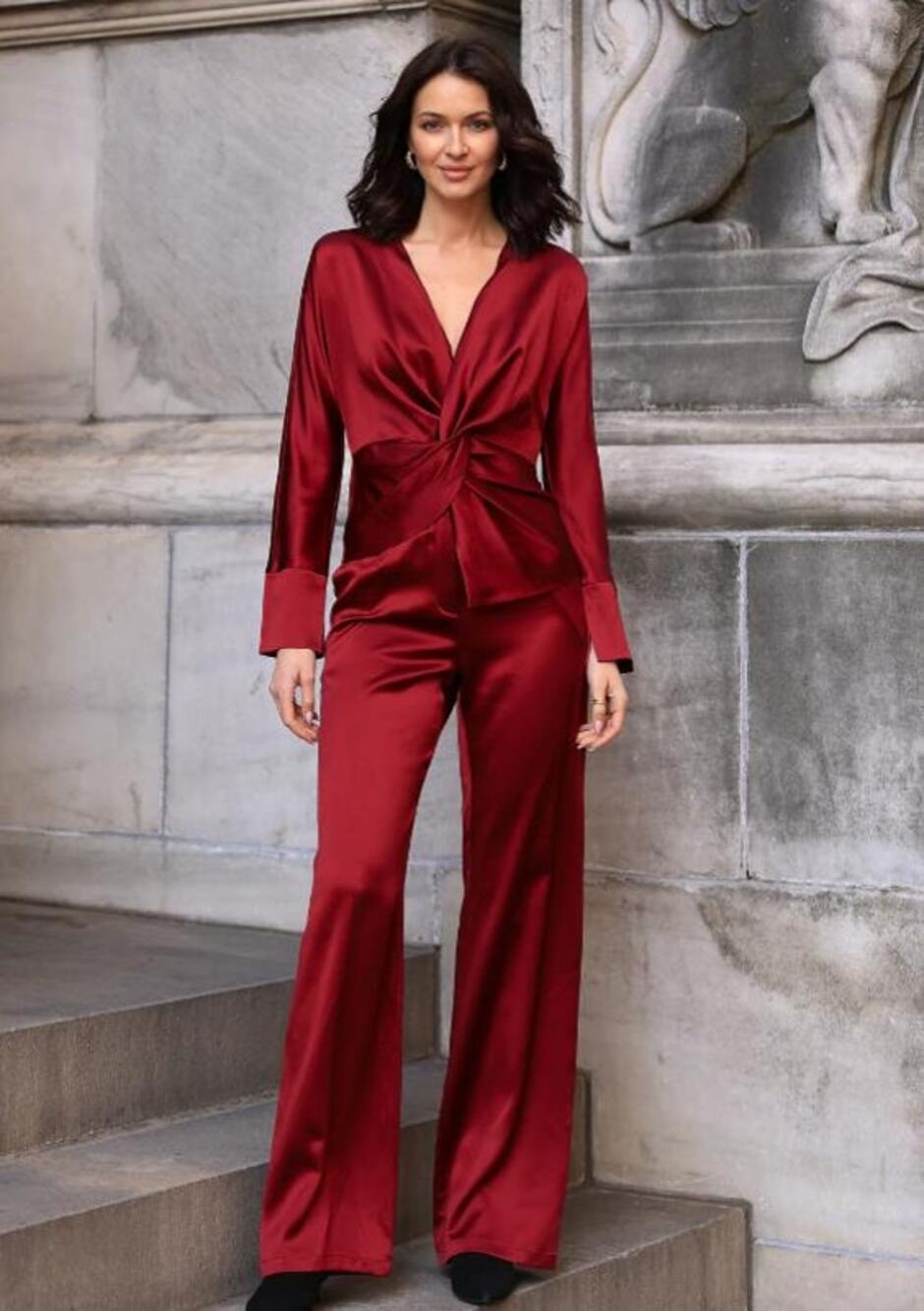 Diomi Wide Leg Silk Pant Trouser in Rich Red  L